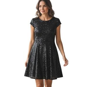 Calvin Klein‎ Womens Dress Sz 4-6 Black Sequin Dress Cap Sleeves Fit Flare
